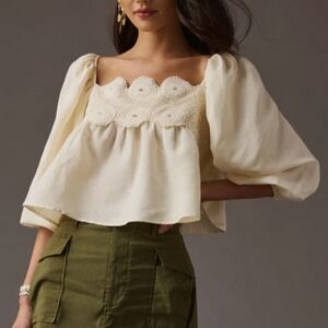 NWT by Anthropologie Crochet Babydoll Puff Sleeve Linen Blend Cream Top Size M